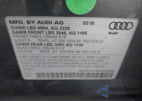 2018 Audi Q3 2.0T Premium/2.0T Sport Premium z USA, uszkodzony, nr VIN WA1ECCFS3JR029135